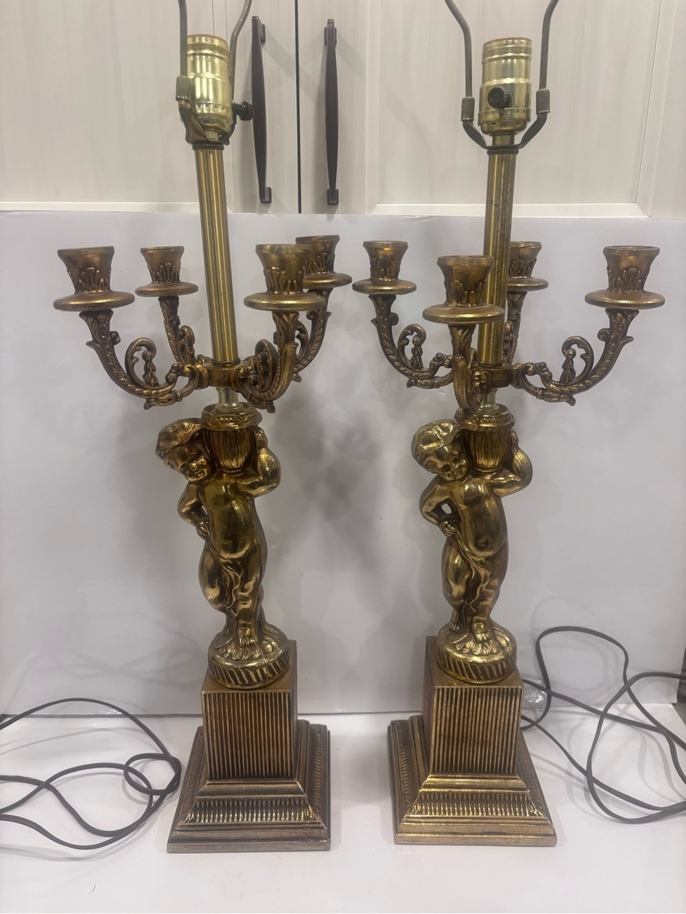 Vintage solid brass pair of gold cherub candelabra table lamps Hollywood regency